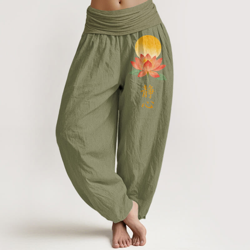 Buddha Stones Pantalones harem de algodón con estampado de flor de loto y luna llena para mujer, con cintura elástica. - Verde oliva - US16，UK/AU20，EU48 (3XL) - image 14