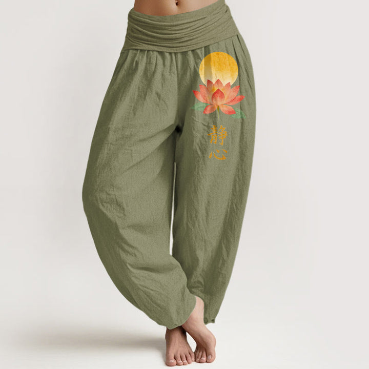 Buddha Stones Pantalones harem de algodón con estampado de flor de loto y luna llena para mujer, con cintura elástica. - Verde oliva - US16，UK/AU20，EU48 (3XL) - image 14