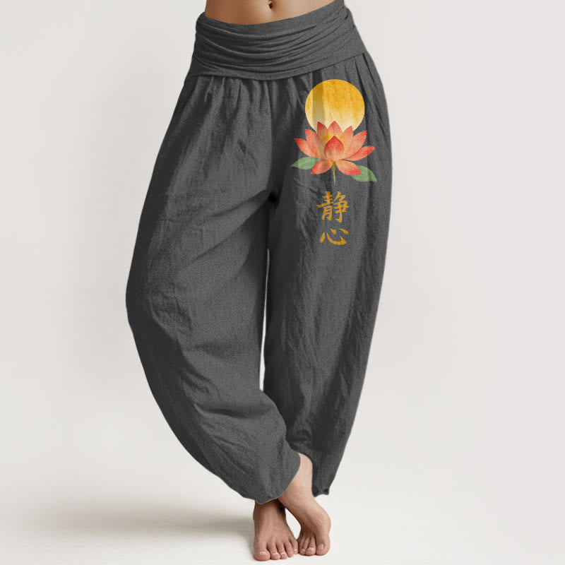 Buddha Stones Pantalones harem de algodón con estampado de flor de loto y luna llena para mujer, con cintura elástica. - Gris oscuro - US16，UK/AU20，EU48 (3XL) - image 8