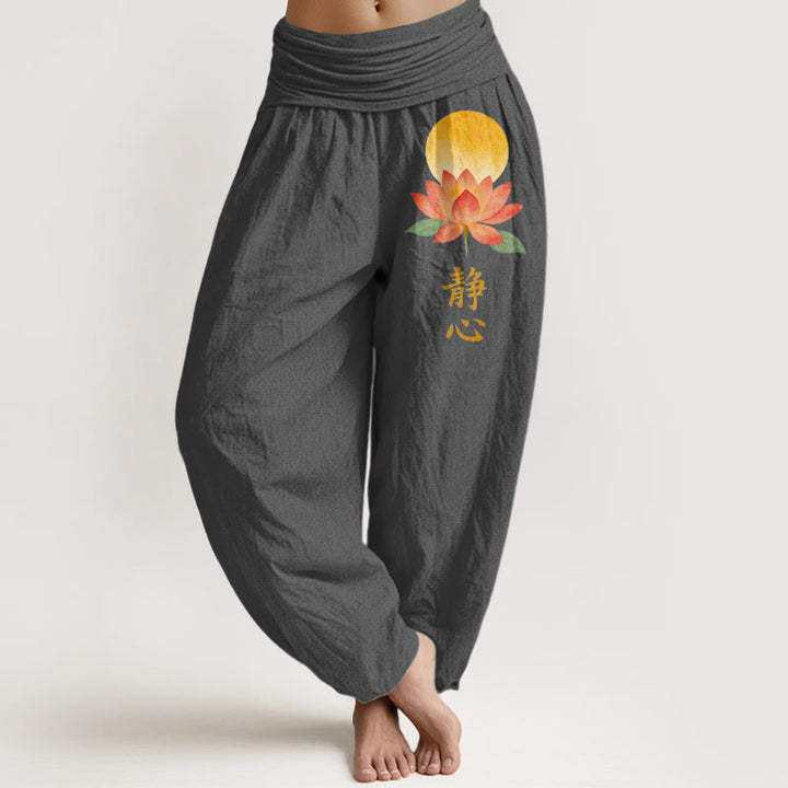 Buddha Stones Pantalones harem de algodón con estampado de flor de loto y luna llena para mujer, con cintura elástica. - Gris oscuro - US16，UK/AU20，EU48 (3XL) - image 8