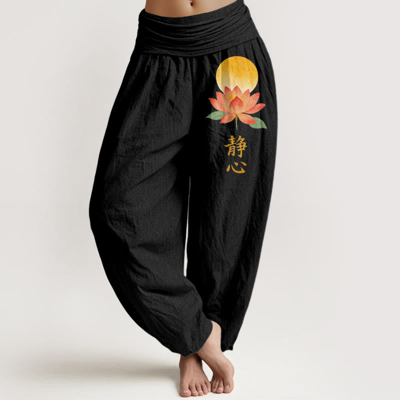 Buddha Stones Pantalones harem de algodón con estampado de flor de loto y luna llena para mujer, con cintura elástica. - Negro - US16，UK/AU20，EU48 (3XL) - image 0