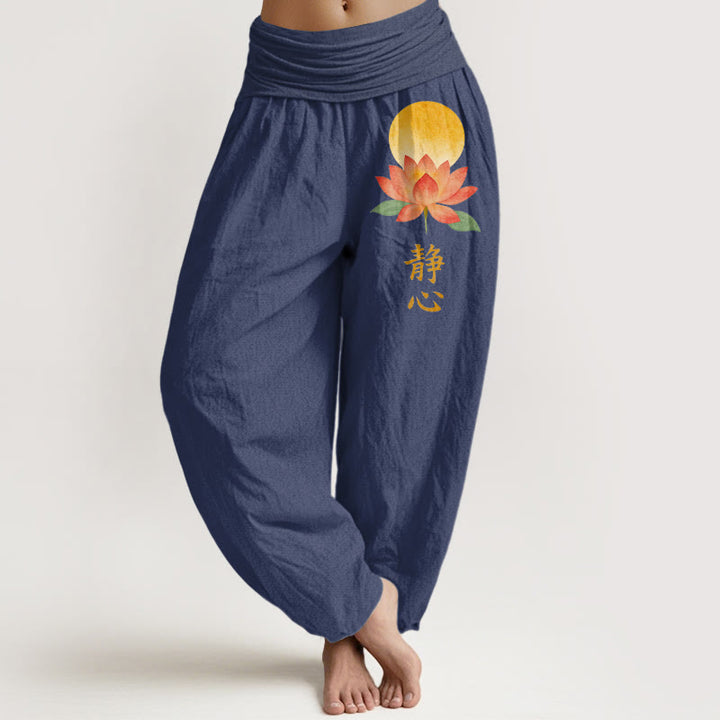 Buddha Stones Pantalones harem de algodón con estampado de flor de loto y luna llena para mujer, con cintura elástica. - Azul pizarra oscuro - US16，UK/AU20，EU48 (3XL) - image 5