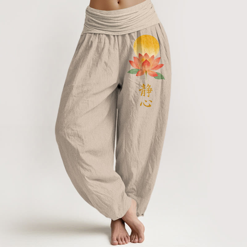 Buddha Stones Pantalones harem de algodón con estampado de flor de loto y luna llena para mujer, con cintura elástica. - Broncearse - US16，UK/AU20，EU48 (3XL) - image 11