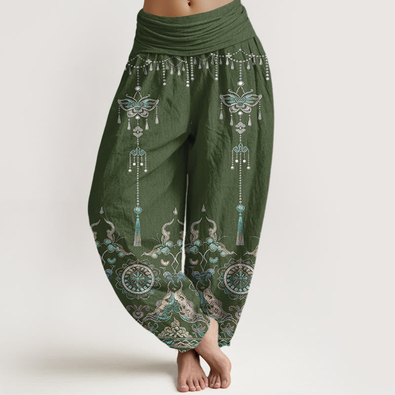 Buddha Stones Pantalones harem de mujer con cintura elástica y estampado de mariposas y flores, de algodón clásico. - Verde mar oscuro - US16，UK/AU20，EU48 (3XL) - image 0