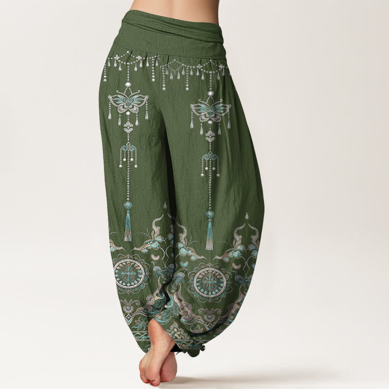 Buddha Stones Pantalones harem de mujer con cintura elástica y estampado de mariposas y flores, de algodón clásico. - image 1