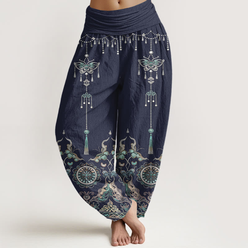 Buddha Stones Pantalones harem de mujer con cintura elástica y estampado de mariposas y flores, de algodón clásico. - Azul acero - US16，UK/AU20，EU48 (3XL) - image 5