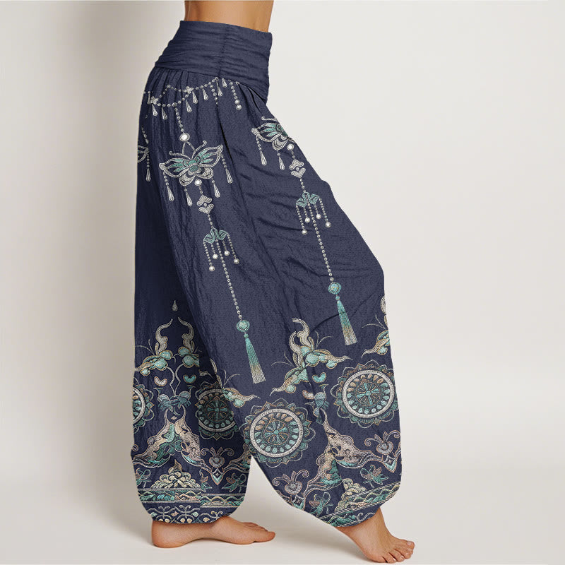 Buddha Stones Pantalones harem de mujer con cintura elástica y estampado de mariposas y flores, de algodón clásico. - image 7