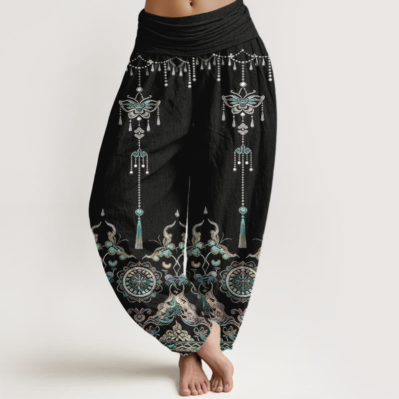 Buddha Stones Pantalones harem de mujer con cintura elástica y estampado de mariposas y flores, de algodón clásico. - Negro - US16，UK/AU20，EU48 (3XL) - image 8