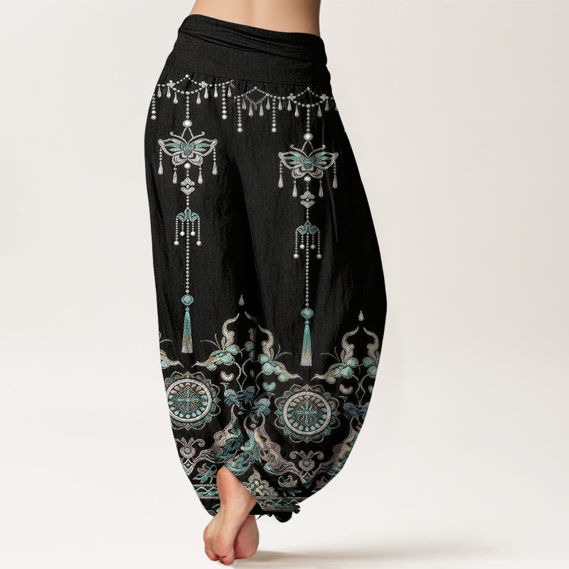 Buddha Stones Pantalones harem de mujer con cintura elástica y estampado de mariposas y flores, de algodón clásico. - image 9