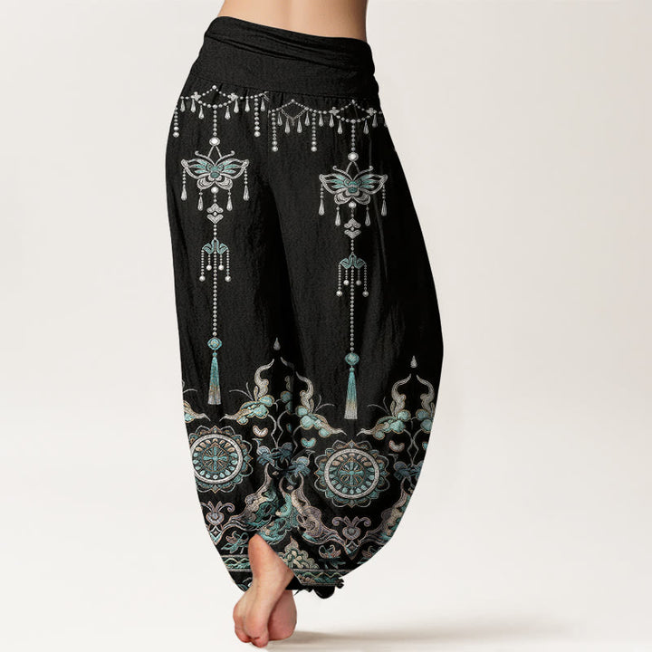 Buddha Stones Pantalones harem de mujer con cintura elástica y estampado de mariposas y flores, de algodón clásico. - image 9