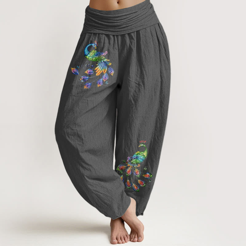 Buddha Stones Pantalones harem de algodón con estampado de pavo real colorido para mujer, cintura elástica. - Gris oscuro - US16，UK/AU20，EU48 (3XL) - image 8