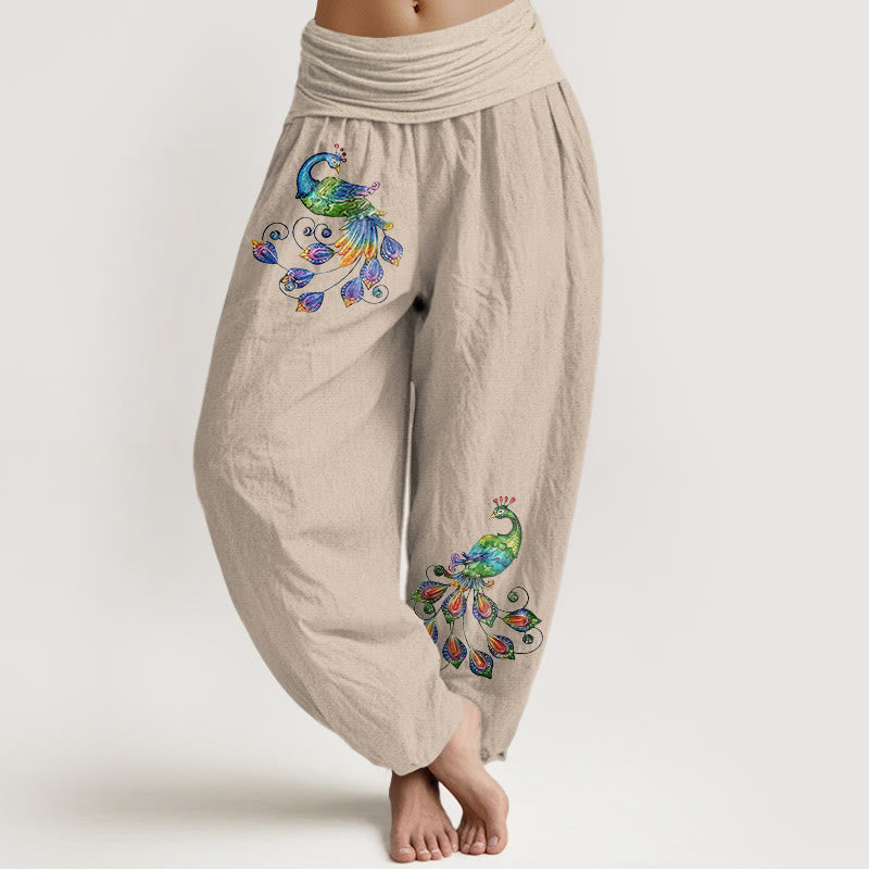 Buddha Stones Pantalones harem de algodón con estampado de pavo real colorido para mujer, cintura elástica. - Broncearse - US16，UK/AU20，EU48 (3XL) - image 11