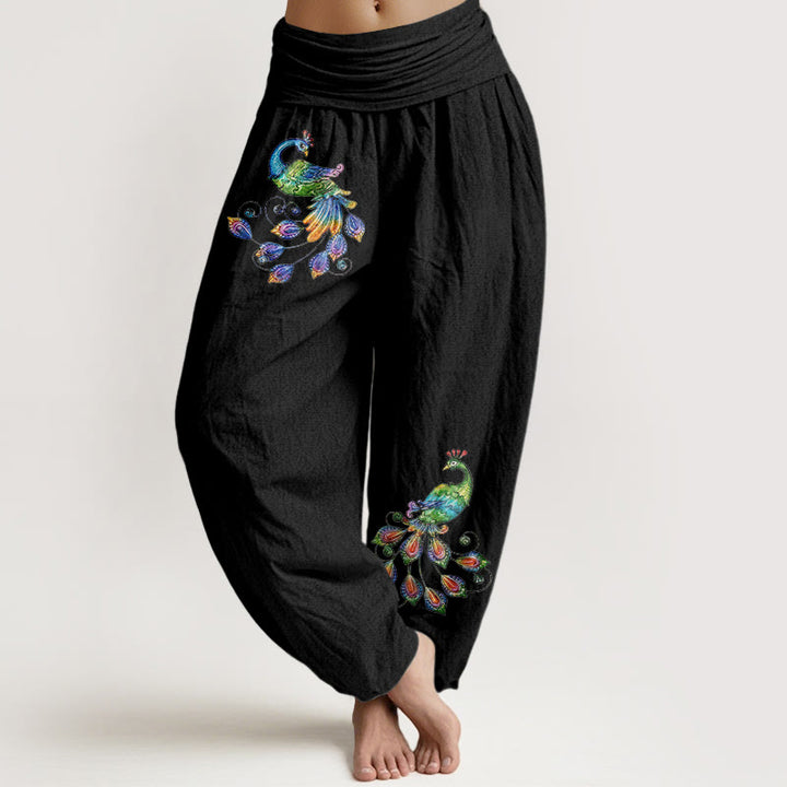 Buddha Stones Pantalones harem de algodón con estampado de pavo real colorido para mujer, cintura elástica. - Negro - US16，UK/AU20，EU48 (3XL) - image 0