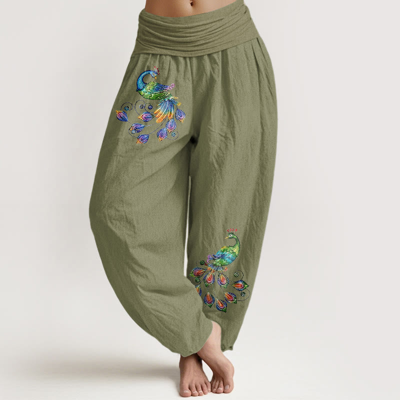 Buddha Stones Pantalones harem de algodón con estampado de pavo real colorido para mujer, cintura elástica. - Verde oliva - US16，UK/AU20，EU48 (3XL) - image 14