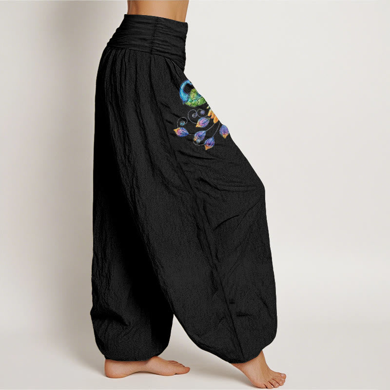 Buddha Stones Pantalones harem de algodón con estampado de pavo real colorido para mujer, cintura elástica. - image 2