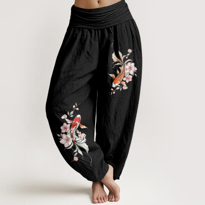 Buddha Stones Pantalones harem de algodón con estampado de peces koi y flores de durazno rosas para mujer con cintura elástica. - Negro - US16，UK/AU20，EU48 (3XL) - image 5