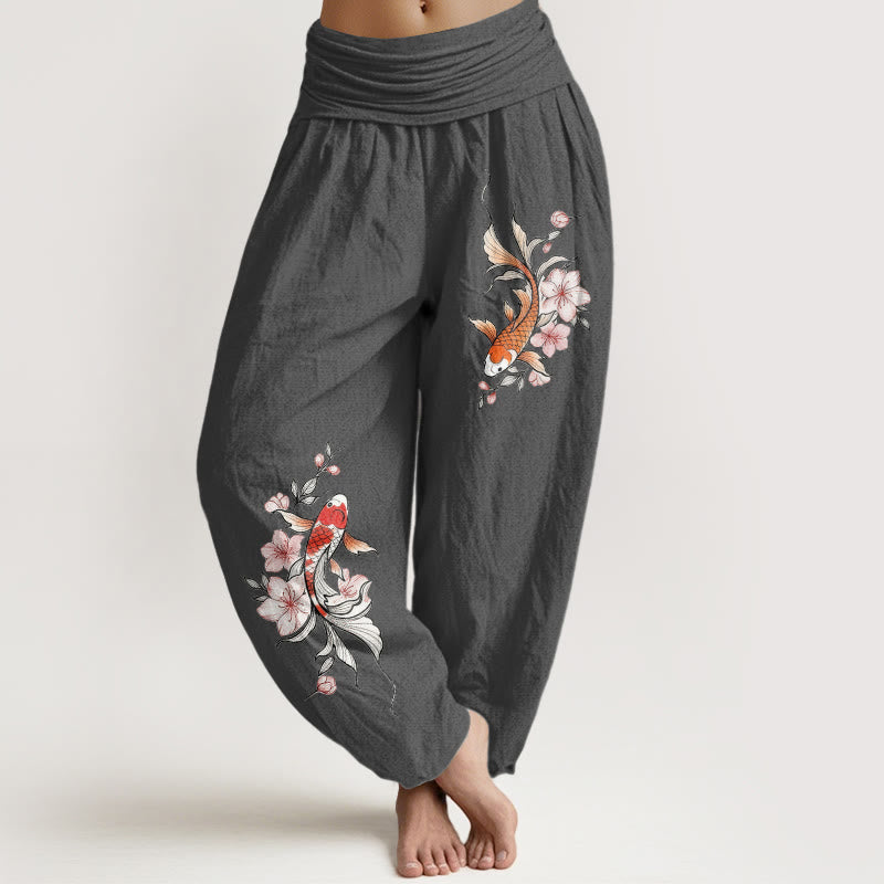 Buddha Stones Pantalones harem de algodón con estampado de peces koi y flores de durazno rosas para mujer con cintura elástica. - Gris oscuro - US16，UK/AU20，EU48 (3XL) - image 8