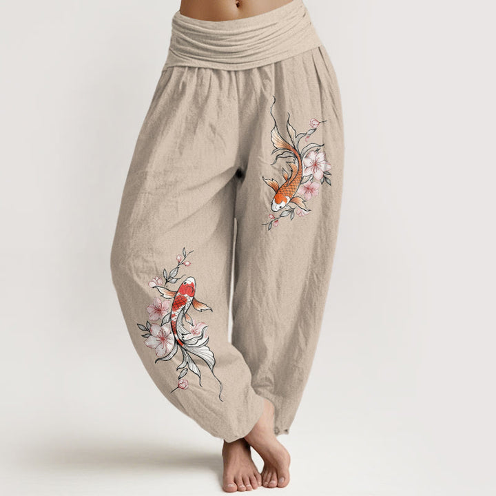 Buddha Stones Pantalones harem de algodón con estampado de peces koi y flores de durazno rosas para mujer con cintura elástica. - Broncearse - US16，UK/AU20，EU48 (3XL) - image 11