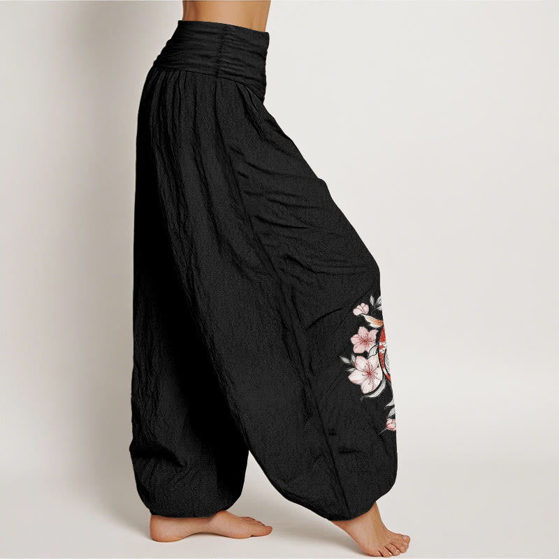 Buddha Stones Pantalones harem de algodón con estampado de peces koi y flores de durazno rosas para mujer con cintura elástica. - image 7