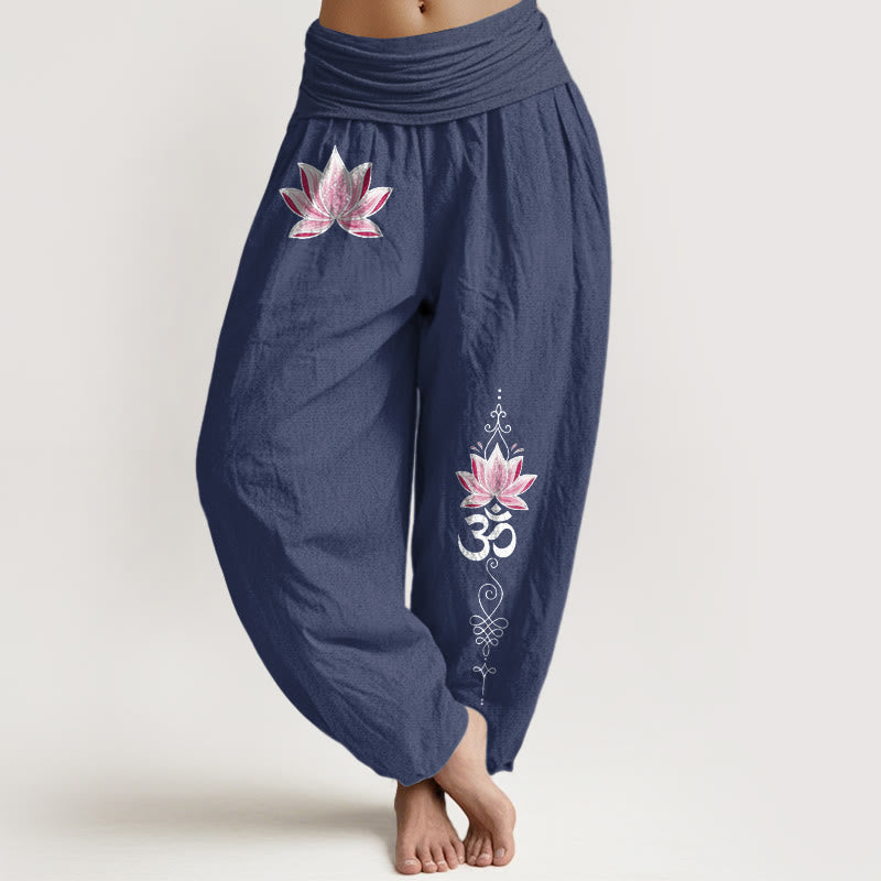 Buddha Stones Pantalones harem de algodón rosa con estampado de loto OM para mujer, con cintura elástica. - Azul pizarra oscuro - US16，UK/AU20，EU48 (3XL) - image 8