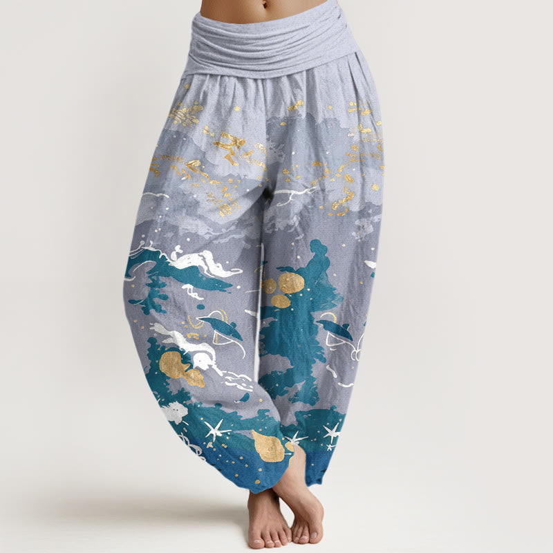 Buddha Stones Pantalones harem de mujer con cintura elástica y estampado de ondas de algodón y cielo. - Azul acero claro - US16，UK/AU20，EU48 (3XL) - image 0