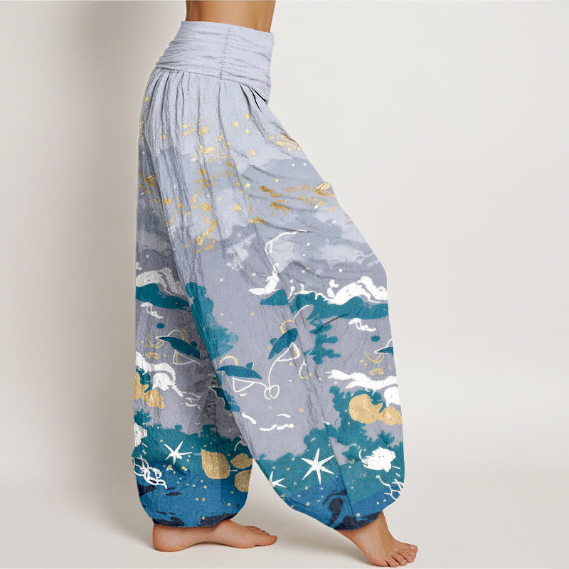 Buddha Stones Pantalones harem de mujer con cintura elástica y estampado de ondas de algodón y cielo. - image 2