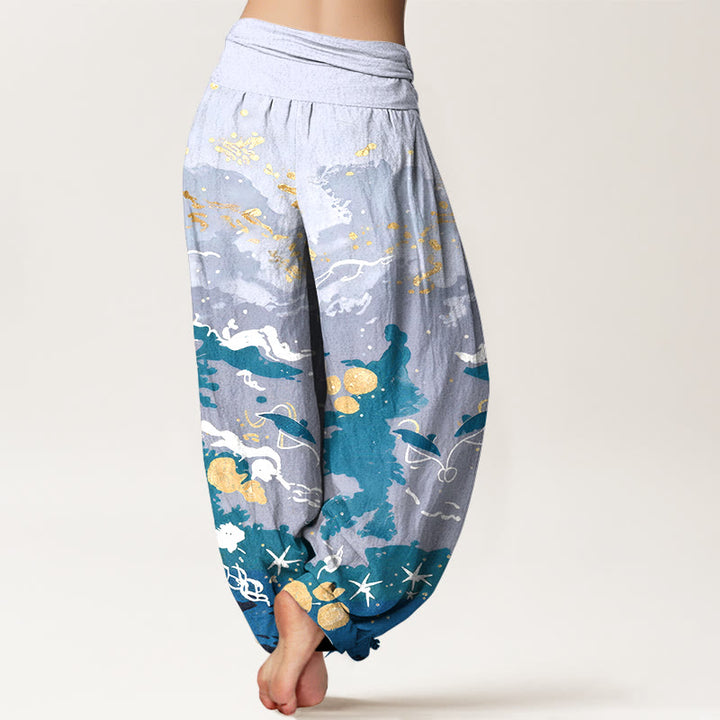 Buddha Stones Pantalones harem de mujer con cintura elástica y estampado de ondas de algodón y cielo. - image 1