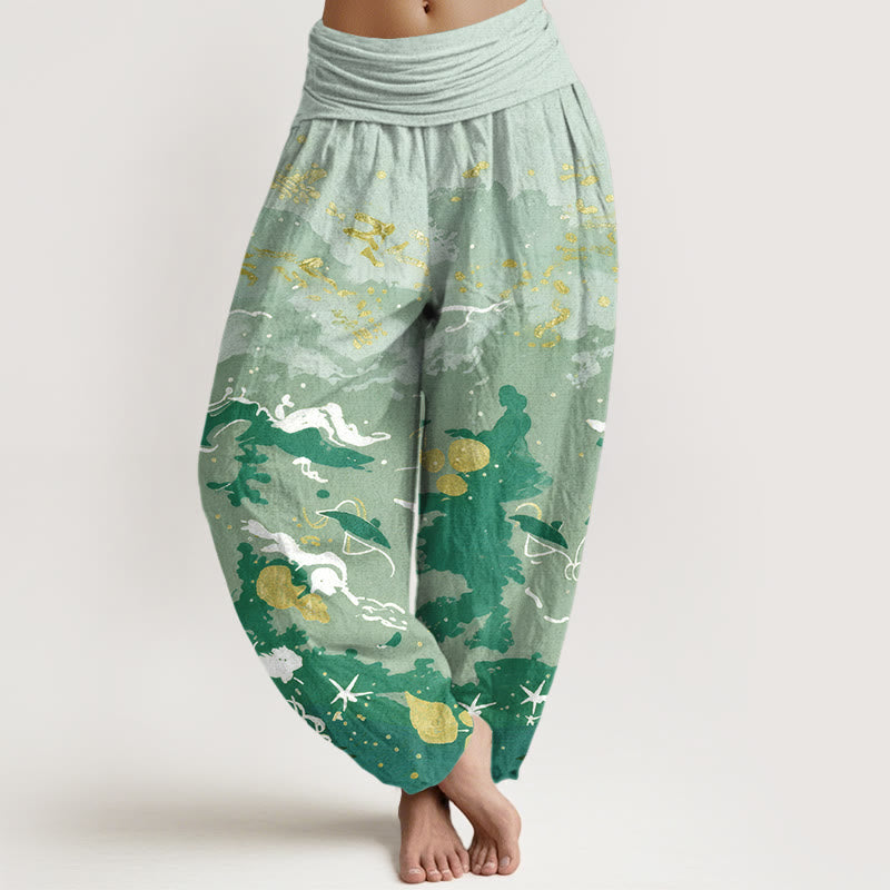 Buddha Stones Pantalones harem de mujer con cintura elástica y estampado de ondas de algodón y cielo. - Verde mar oscuro - US16，UK/AU20，EU48 (3XL) - image 5
