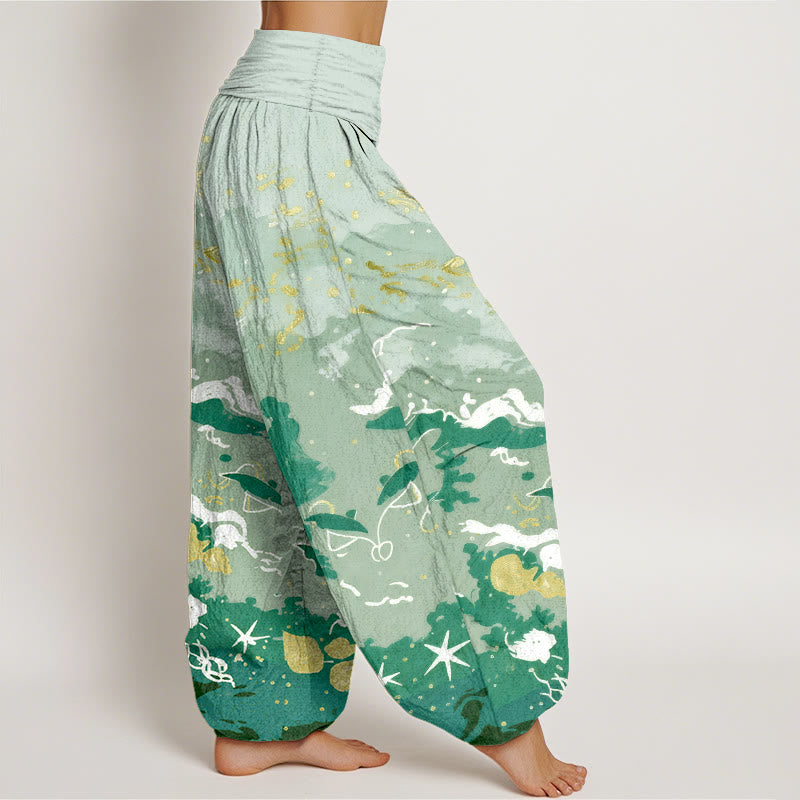 Buddha Stones Pantalones harem de mujer con cintura elástica y estampado de ondas de algodón y cielo. - image 7