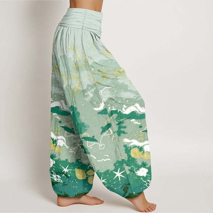 Buddha Stones Pantalones harem de mujer con cintura elástica y estampado de ondas de algodón y cielo. - image 7
