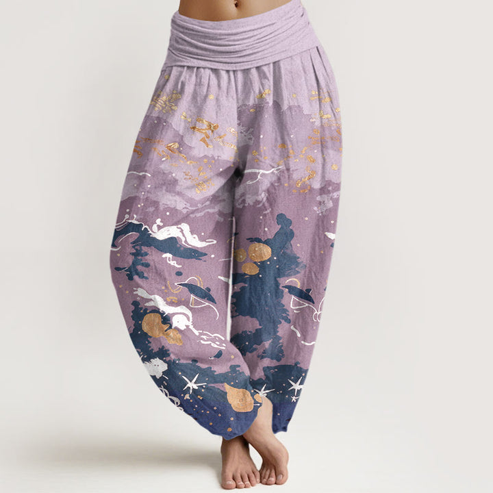 Buddha Stones Pantalones harem de mujer con cintura elástica y estampado de ondas de algodón y cielo. - Lavanda - US16，UK/AU20，EU48 (3XL) - image 8