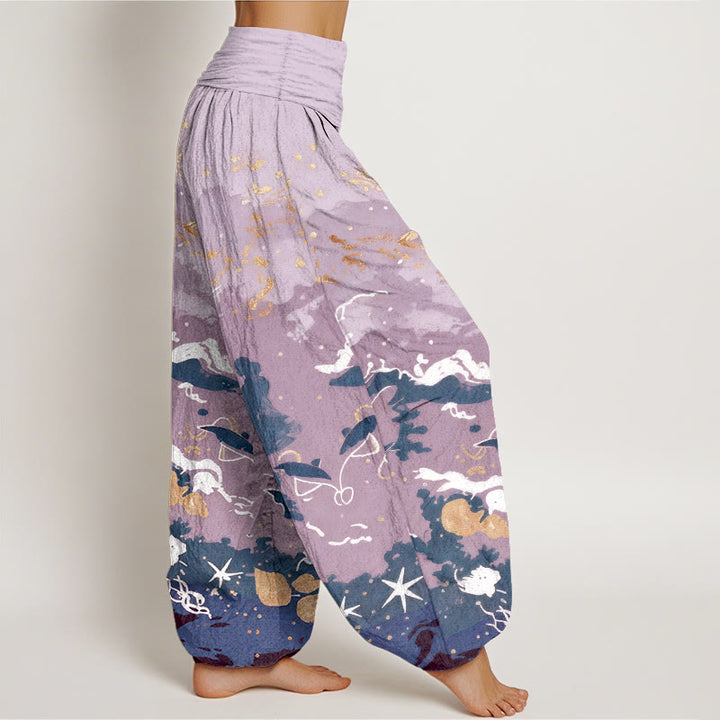 Buddha Stones Pantalones harem de mujer con cintura elástica y estampado de ondas de algodón y cielo. - image 10