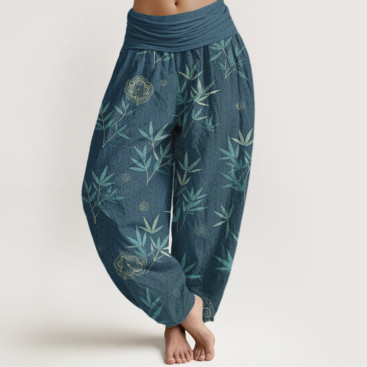 Buddha Stones Pantalones harem de mujer con cintura elástica y estampado geométrico de flores de bambú y algodón. - cian oscuro - US16，UK/AU20，EU48 (3XL) - image 8