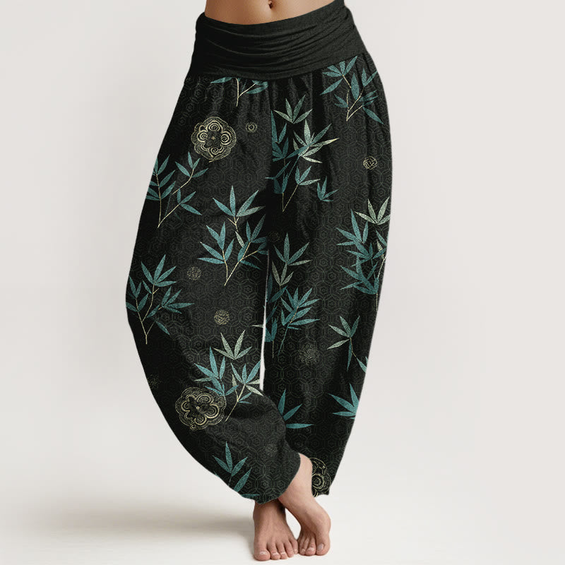 Buddha Stones Pantalones harem de mujer con cintura elástica y estampado geométrico de flores de bambú y algodón. - Negro - US16，UK/AU20，EU48 (3XL) - image 5