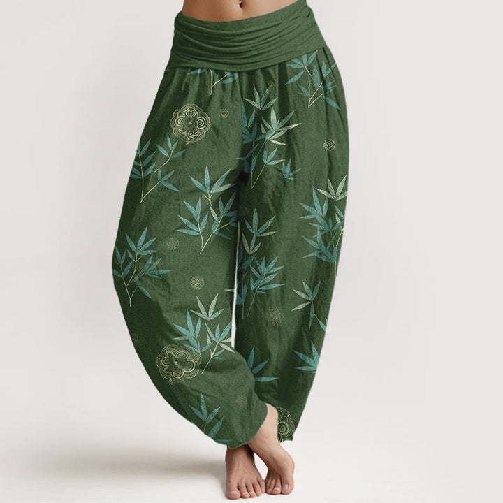 Buddha Stones Pantalones harem de mujer con cintura elástica y estampado geométrico de flores de bambú y algodón. - Verde bosque - US16，UK/AU20，EU48 (3XL) - image 0