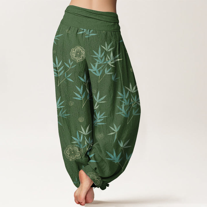 Buddha Stones Pantalones harem de mujer con cintura elástica y estampado geométrico de flores de bambú y algodón. - image 1