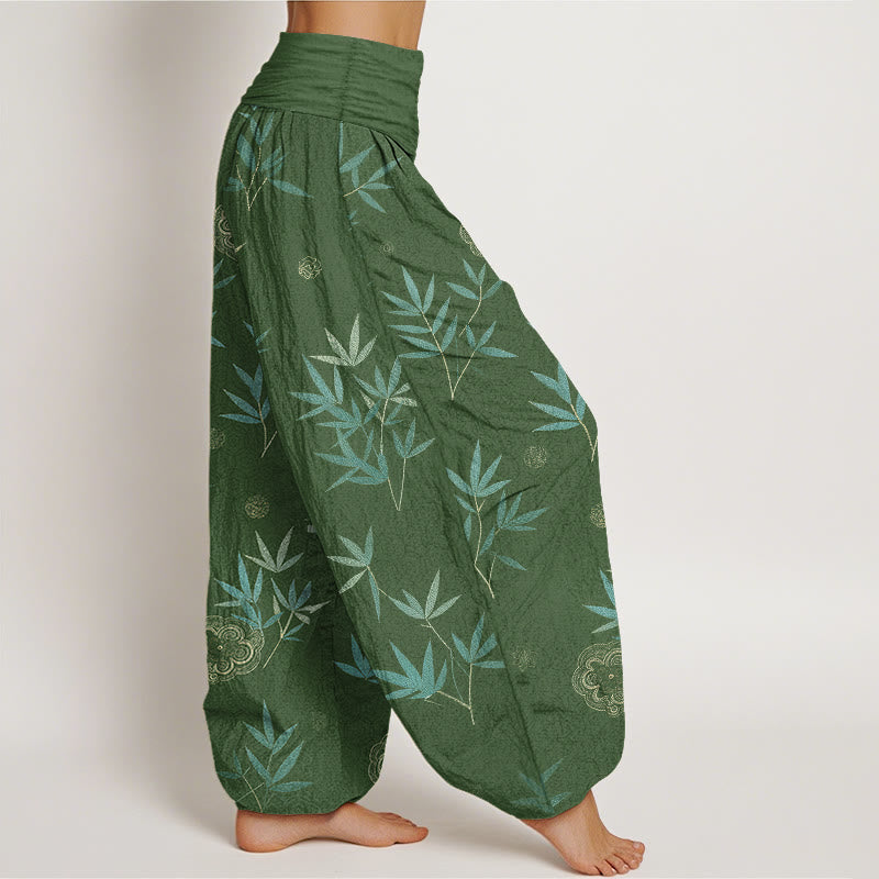 Buddha Stones Pantalones harem de mujer con cintura elástica y estampado geométrico de flores de bambú y algodón. - image 2