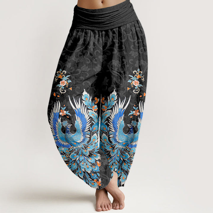 Buddha Stones Pantalones harem de mujer con cintura elástica y estampado de flores de durazno de Cotton Phoenix - Negro - US16，UK/AU20，EU48 (3XL) - image 5