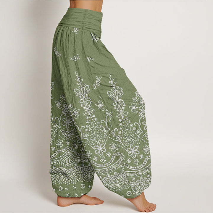 Buddha Stones Pantalones harem de algodón con estampado de mandala y flores blancas para mujer con cintura elástica. - image 2