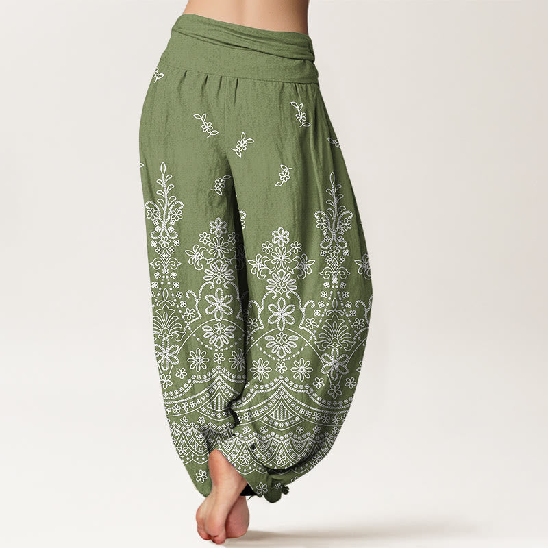 Buddha Stones Pantalones harem de algodón con estampado de mandala y flores blancas para mujer con cintura elástica. - image 1