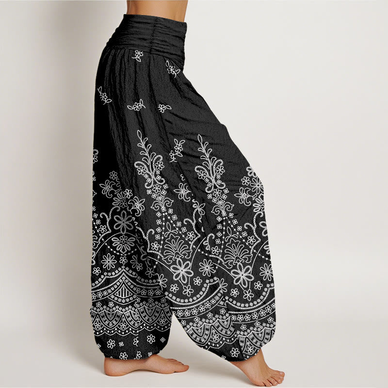 Buddha Stones Pantalones harem de algodón con estampado de mandala y flores blancas para mujer con cintura elástica. - image 7