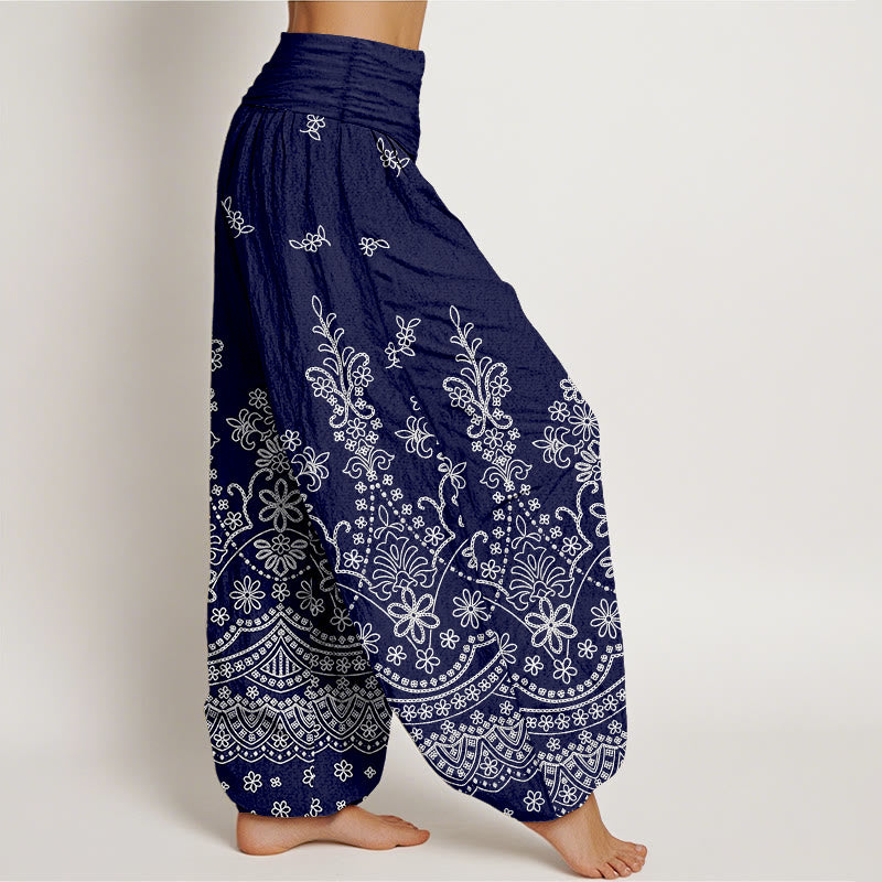 Buddha Stones Pantalones harem de algodón con estampado de mandala y flores blancas para mujer con cintura elástica. - image 10