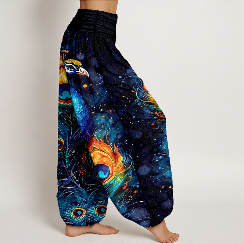 Buddha Stones Pantalones harem de algodón con estampado de pavo real y cielo estrellado para mujer, con cintura elástica. - image 2