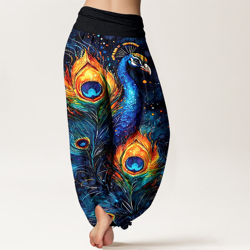 Buddha Stones Pantalones harem de algodón con estampado de pavo real y cielo estrellado para mujer, con cintura elástica. - image 1