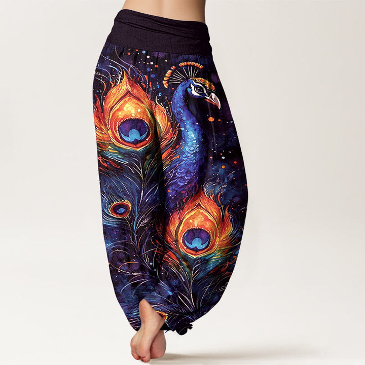 Buddha Stones Pantalones harem de algodón con estampado de pavo real y cielo estrellado para mujer, con cintura elástica. - image 6