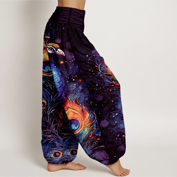 Buddha Stones Pantalones harem de algodón con estampado de pavo real y cielo estrellado para mujer, con cintura elástica. - image 7