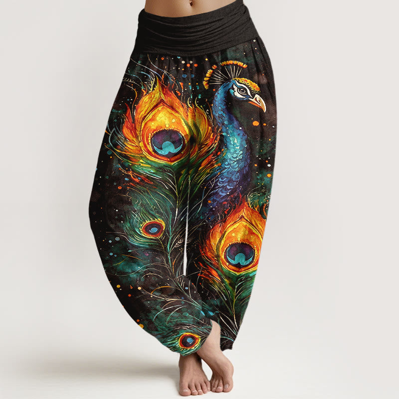 Buddha Stones Pantalones harem de algodón con estampado de pavo real y cielo estrellado para mujer, con cintura elástica. - Verde oliva - US16，UK/AU20，EU48 (3XL) - image 8