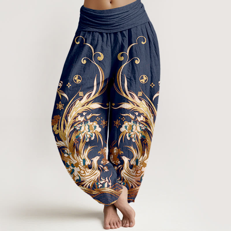Buddha Stones Pantalones harem de mujer con cintura elástica y estampado de mariposas y fénix de algodón. - Azul oscuro - US16，UK/AU20，EU48 (3XL) - image 0