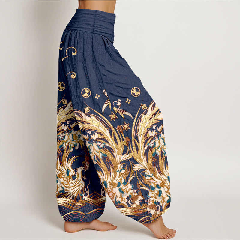 Buddha Stones Pantalones harem de mujer con cintura elástica y estampado de mariposas y fénix de algodón. - image 2