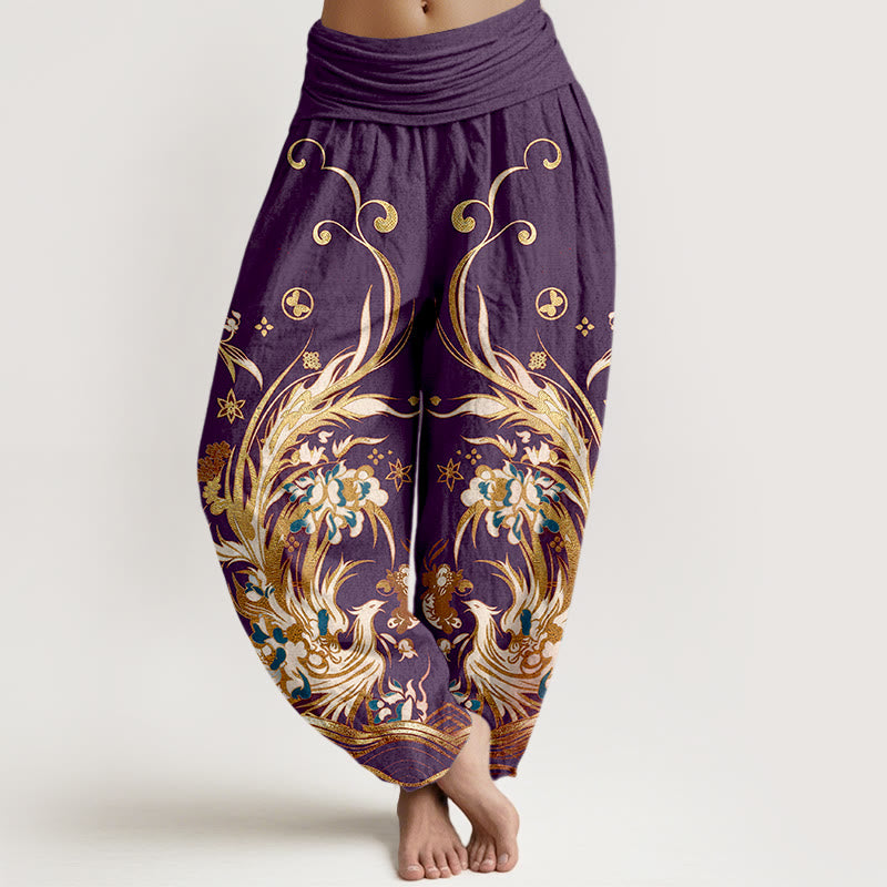 Buddha Stones Pantalones harem de mujer con cintura elástica y estampado de mariposas y fénix de algodón. - Índigo - US16，UK/AU20，EU48 (3XL) - image 8